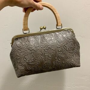 Handmade Genuine Cowhide Floral Embossed Wood Handle Kiss-lock Satchel Bag